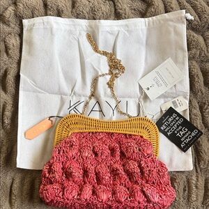 Kayu Pink Woven Rattan-Trim Clutch with Gold Chain